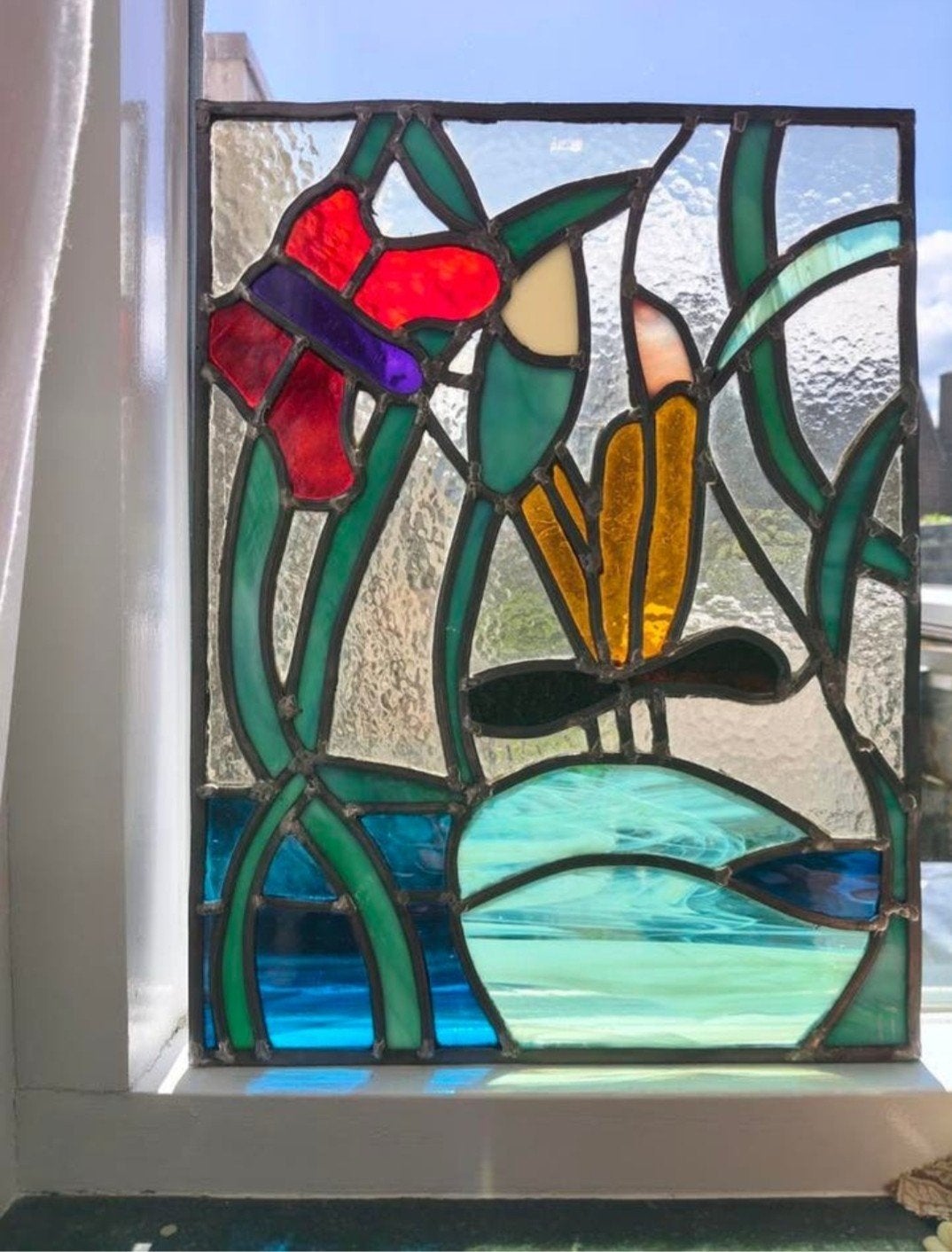 Glas in Lood Paneel - Bloemen en Vlinder (30x40 cm), Verzenden