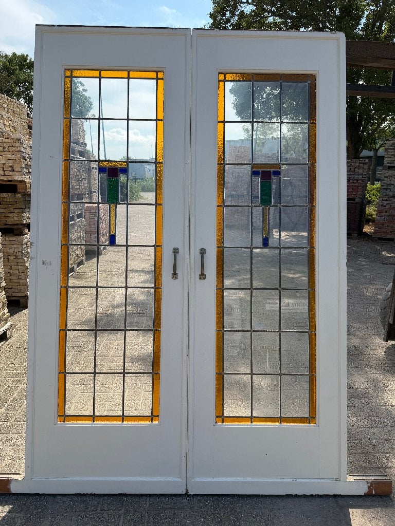 Set schuif / en-suite deuren met glas in lood 216x145.5cm., Antiek en Kunst, Curiosa en Brocante, Ophalen