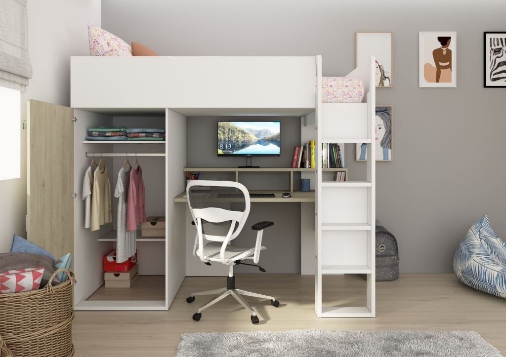 Flow hoogslaper met bureau en kast - 90x200 - Eiken/wit, Niet ingevuld, Niet ingevuld, Niet ingevuld