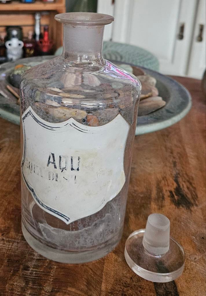 Antieke Apothekersfles 'Aqua Dest' met Stop - Vintage Glas, Ophalen of Verzenden