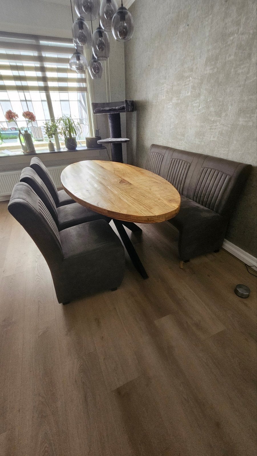 Mangohouten ovale eettafel met bank en stoelen, Ophalen, Vijf personen of meer, Ovaal, Overige houtsoorten