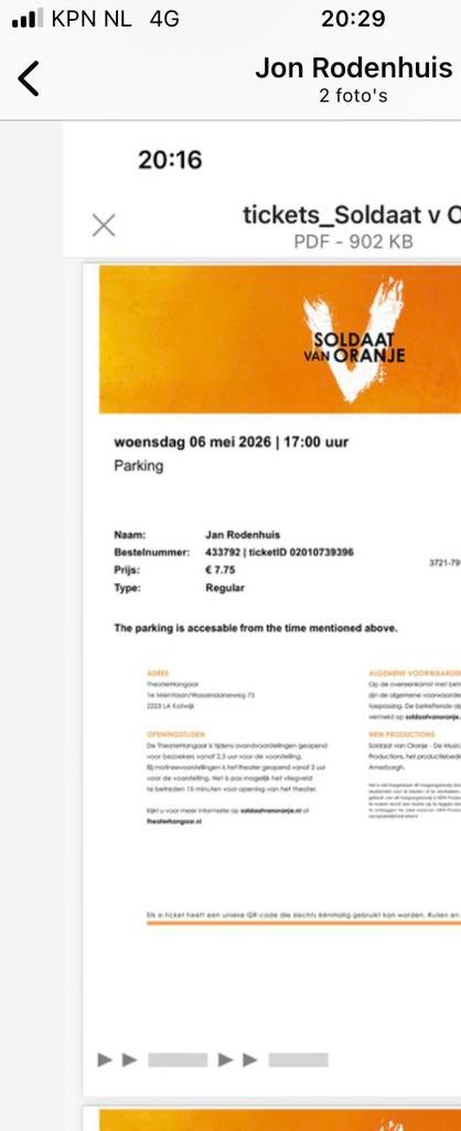 Soldaat van Oranje. 1 mei € 20 1 ticket., Tickets en Kaartjes, Eén persoon, Mei