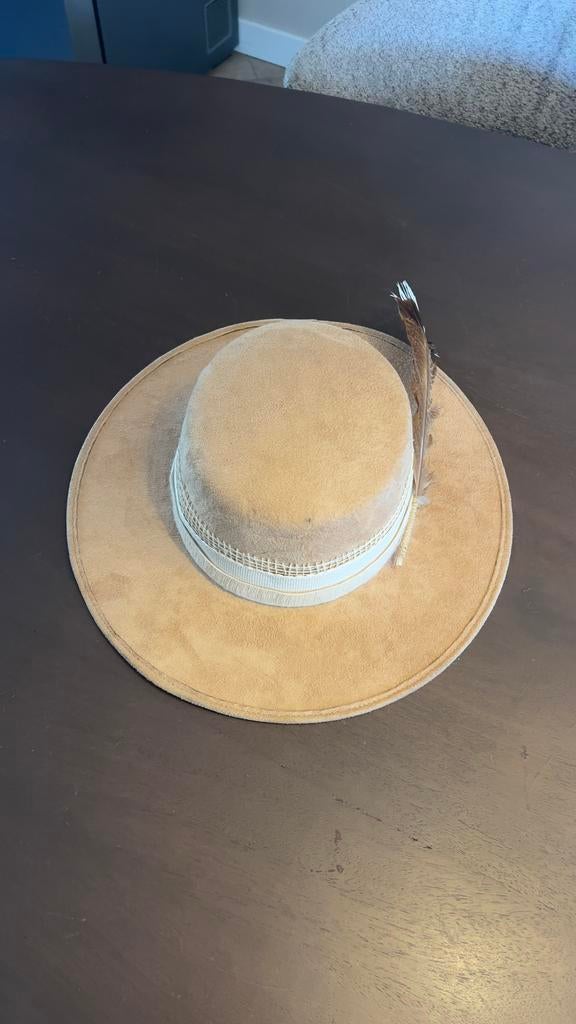 Stijlvolle beige hoed met veer - Maat L, Ophalen of Verzenden, Zo goed als nieuw, 58 cm (L, 7¼ inch) of meer, Hoed