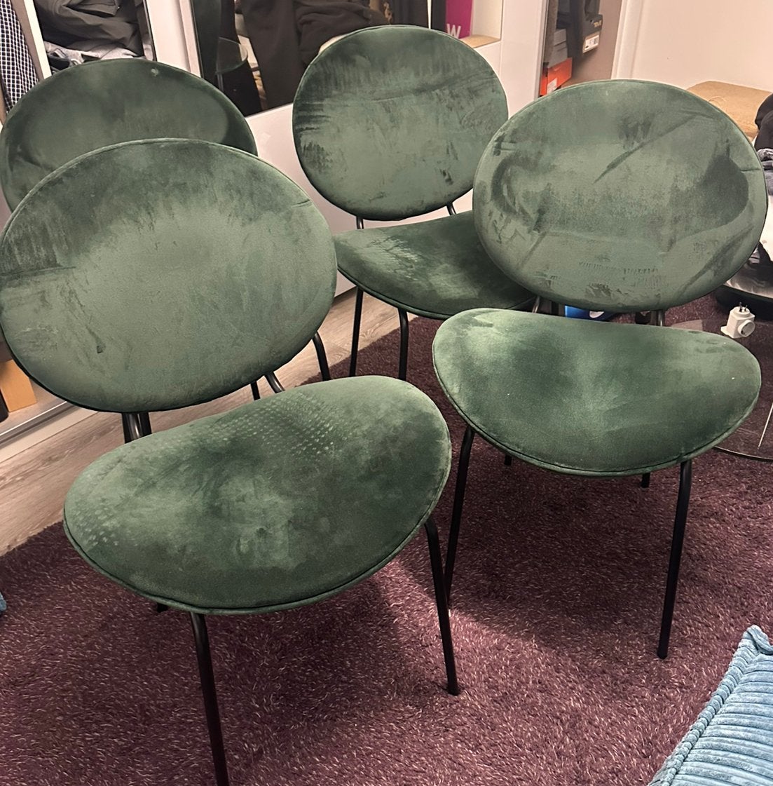 4 groene velvet eetkamerstoelen, Huis en Inrichting, Overige kleuren, Stof, Ophalen of Verzenden, Zo goed als nieuw