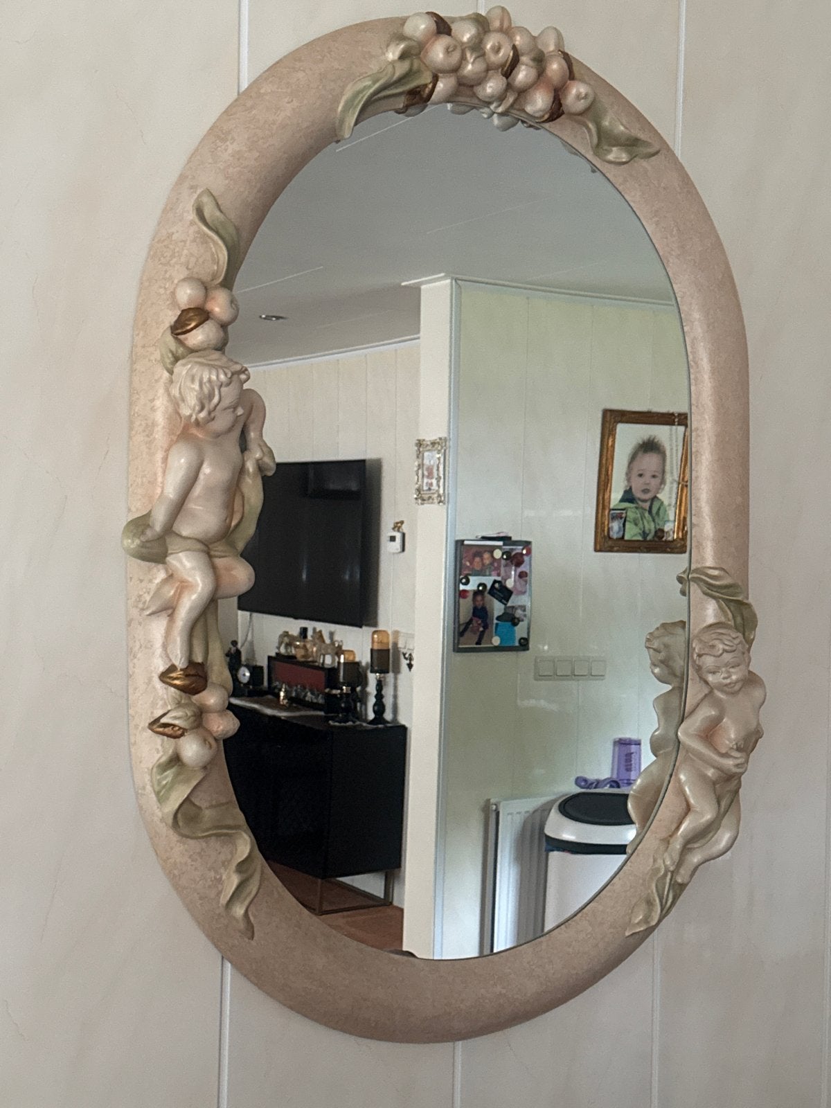 Ovale spiegel met engeltjes en bloemen - Vintage stijl, Ophalen, Gebruikt, 100 tot 150 cm, Ovaal