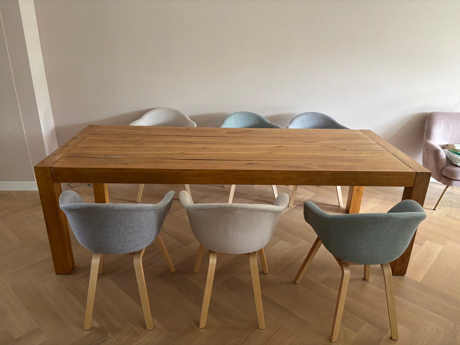 Stevige eettafel eiken 240 x 95 x 78, Ophalen, Gebruikt, 200 cm of meer, 50 tot 100 cm