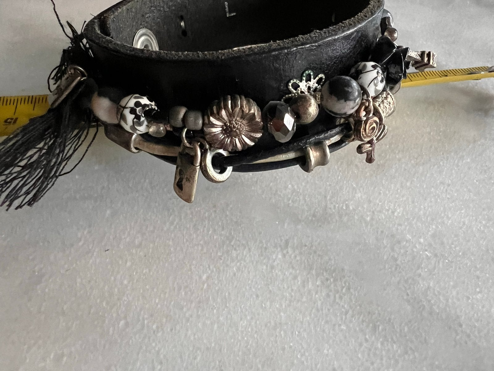 NG Design Leren Armband met Bedels - Maat L (20cm), Gebruikt, Zwart, Leer, Ophalen of Verzenden