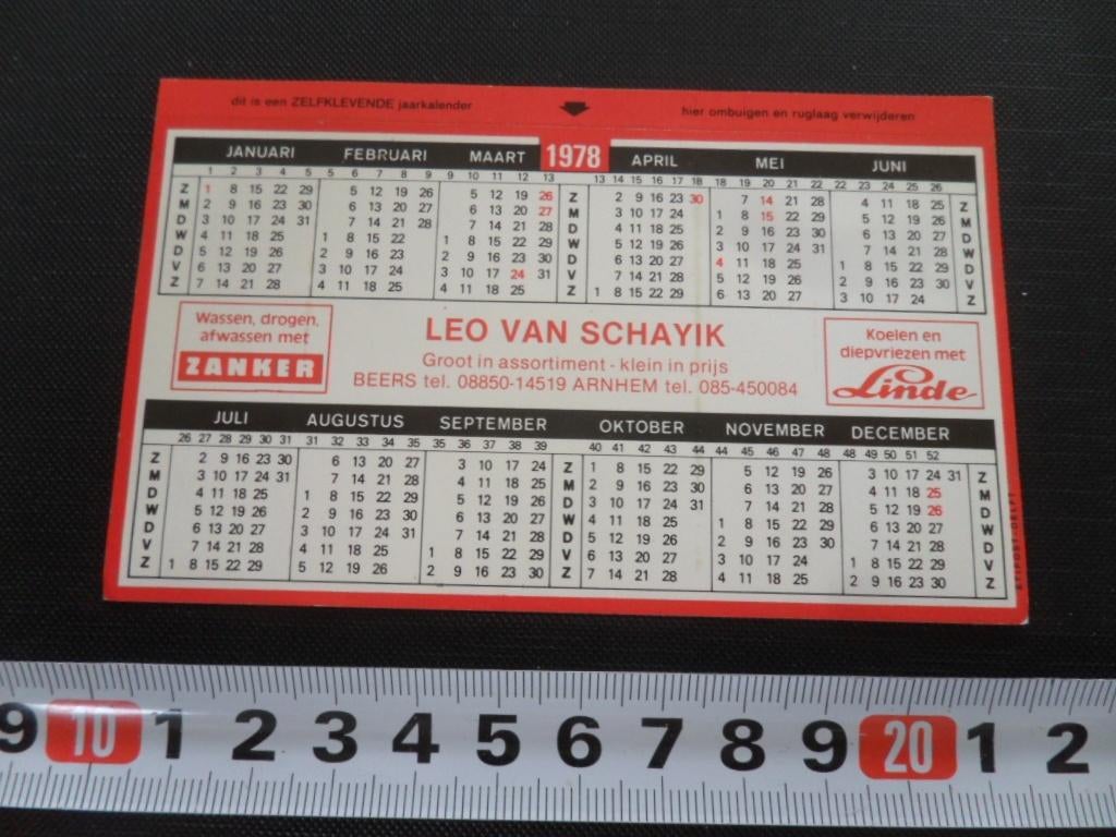sticker Kalender 1978 Arnhem LEO VAN SCHAYIK Zanker Linde *, Verzamelen, Ophalen, Zo goed als nieuw