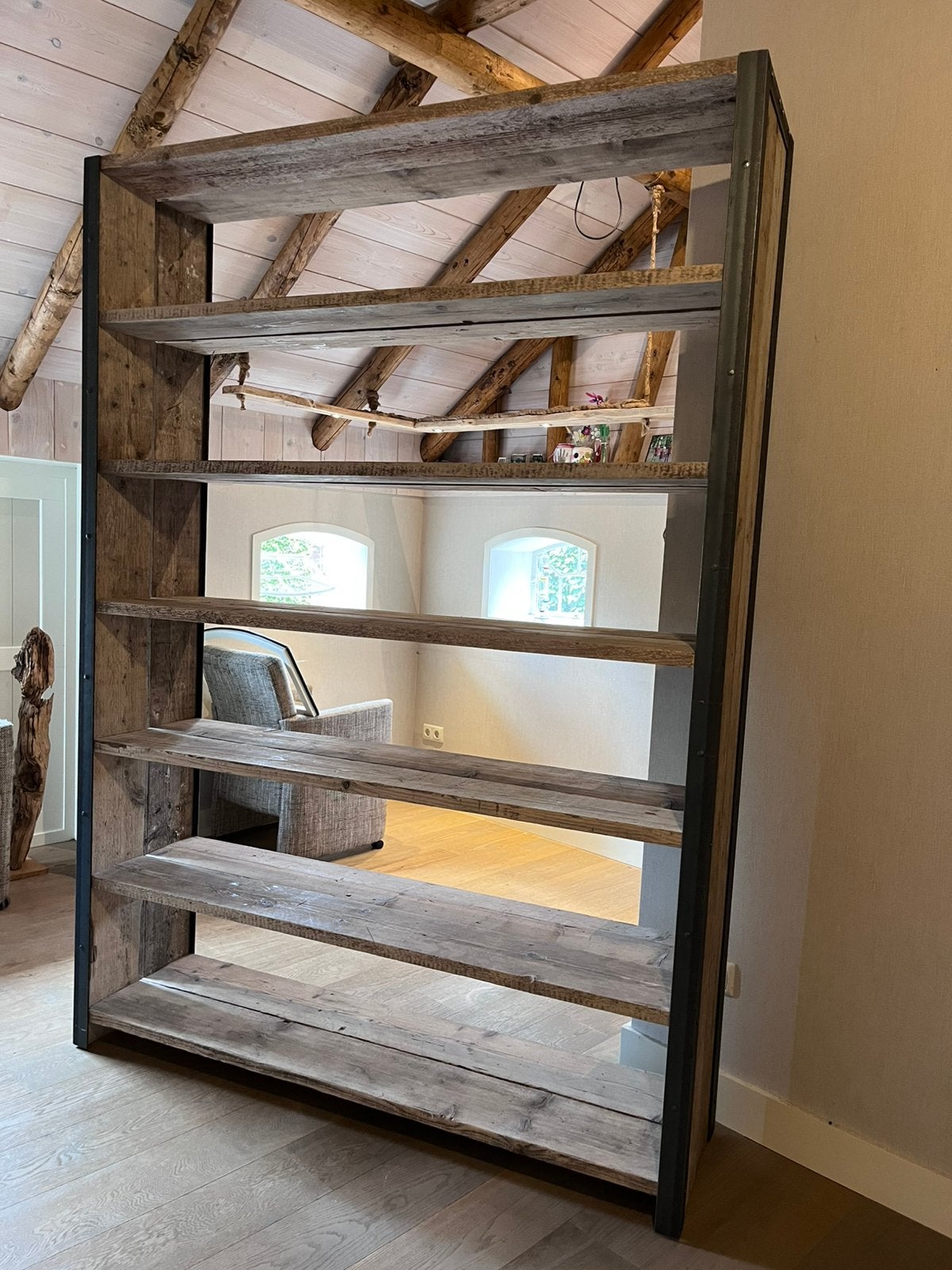 Robuuste houten boekenkast landelijk, Ophalen, Met plank(en), 100 tot 150 cm, 200 cm of meer