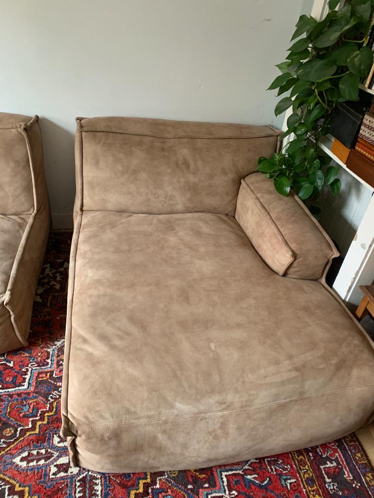 Bank Longchair suède/leer Evo Troubadour Interieurs, Ophalen, Modulair velvet suède look plofbank, 100 tot 125 cm, 150 tot 200 cm