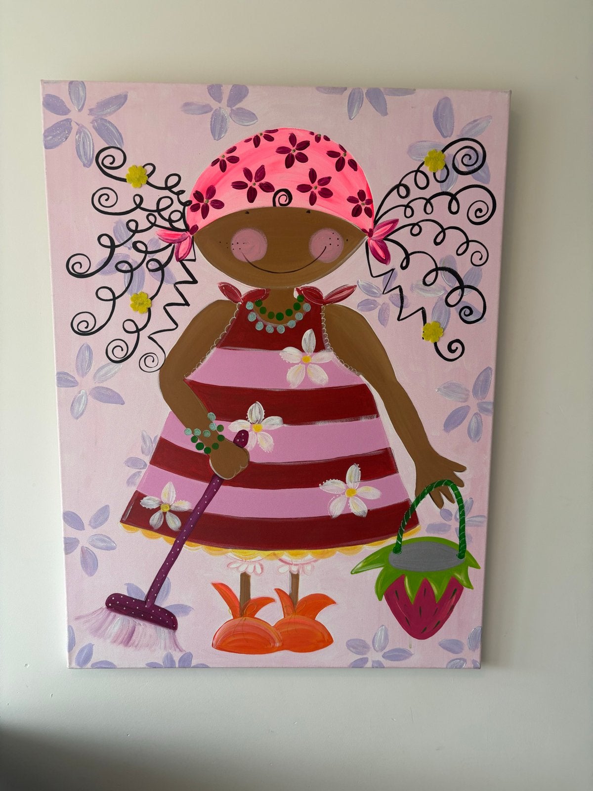 Schilderij Meisje met Bezem en Mand, Antiek en Kunst, Ophalen, Handgeschilderd, Textiel, Figuren