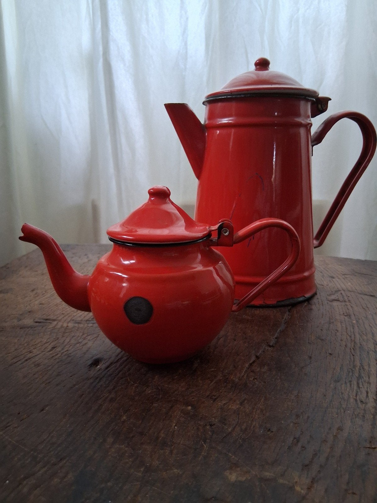 Vintage rode emaille koffie- en theepot set, Ophalen of Verzenden