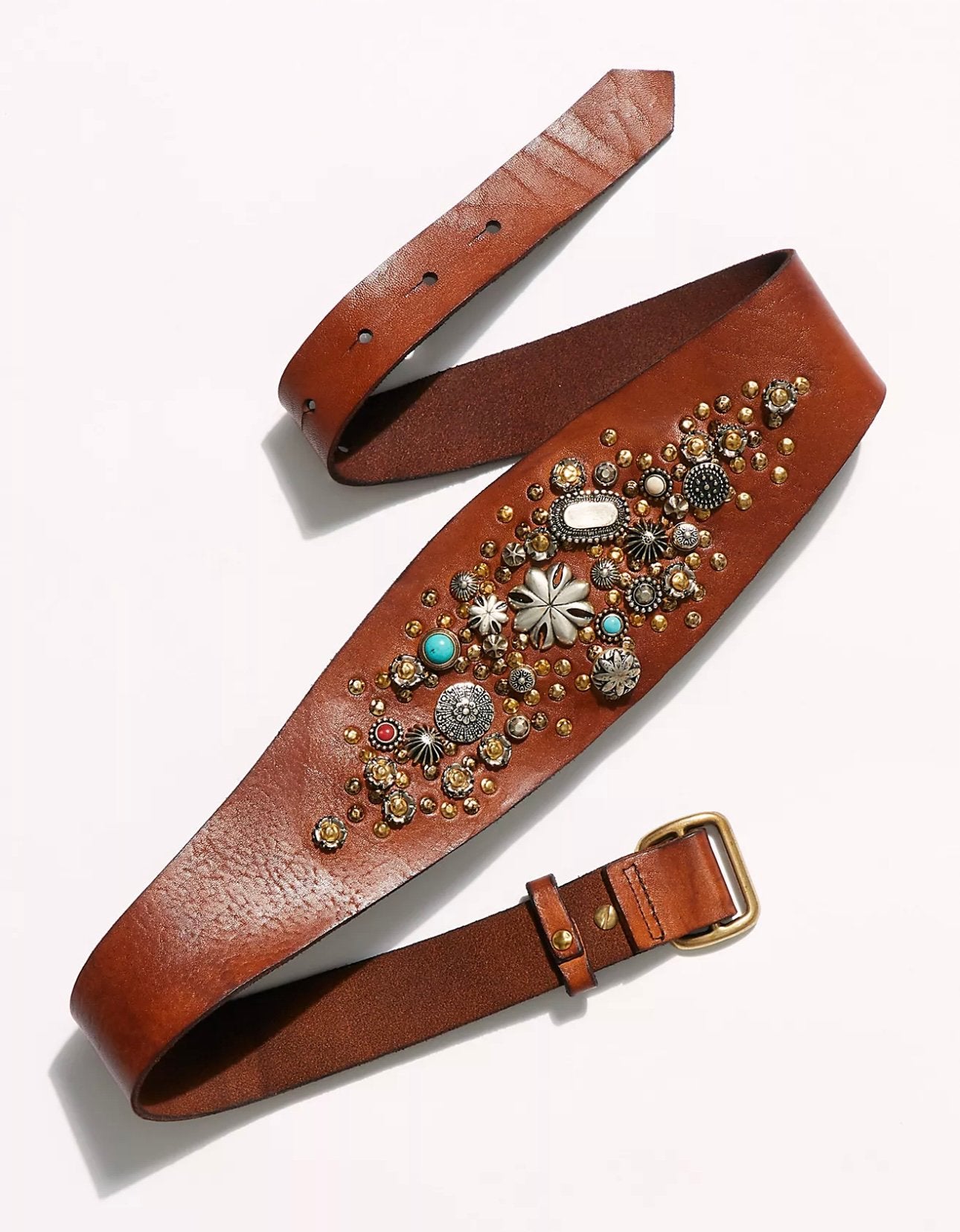 CAMPOMAGGI Cognac Leather Studded Belt Free People One Size, Echt leder, Tailleriem, Ophalen of Verzenden, Bruin