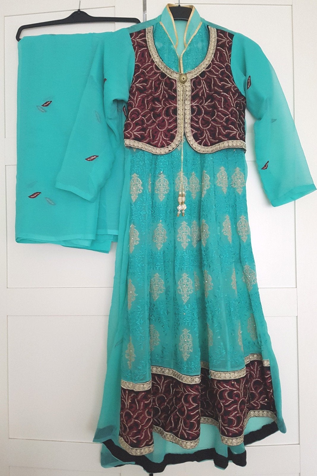 Turquoise Indiase Marokkaanse jurk met borduurwerk sjaal, Kinderen en Baby's, Kinderkleding | Maat 158, Ophalen of Verzenden, Zo goed als nieuw