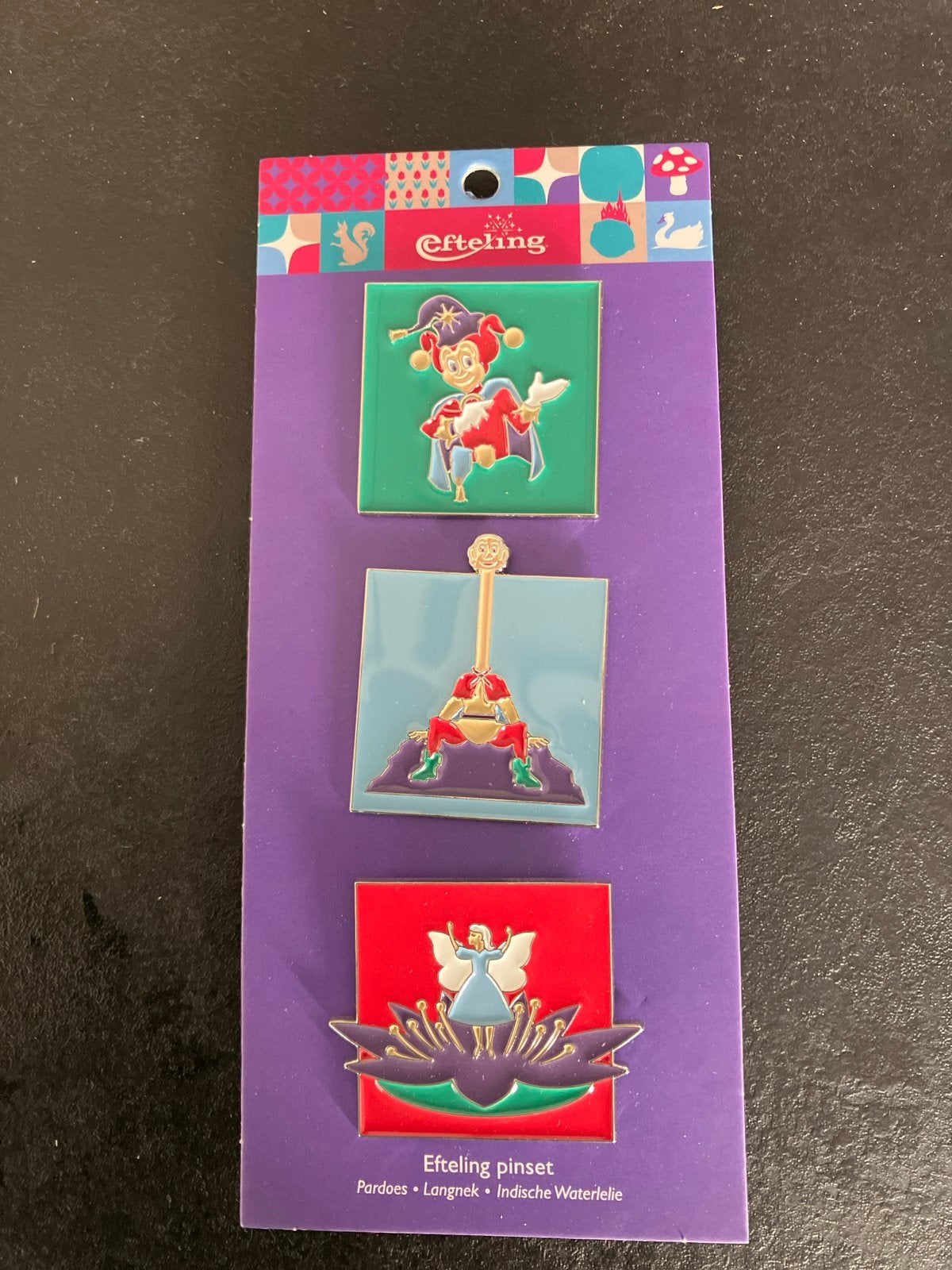 Efteling pinset: Pardoes, Langnek, Indische Waterlelie, Verzamelen, Ophalen of Verzenden, Nieuw, Button of Speldje