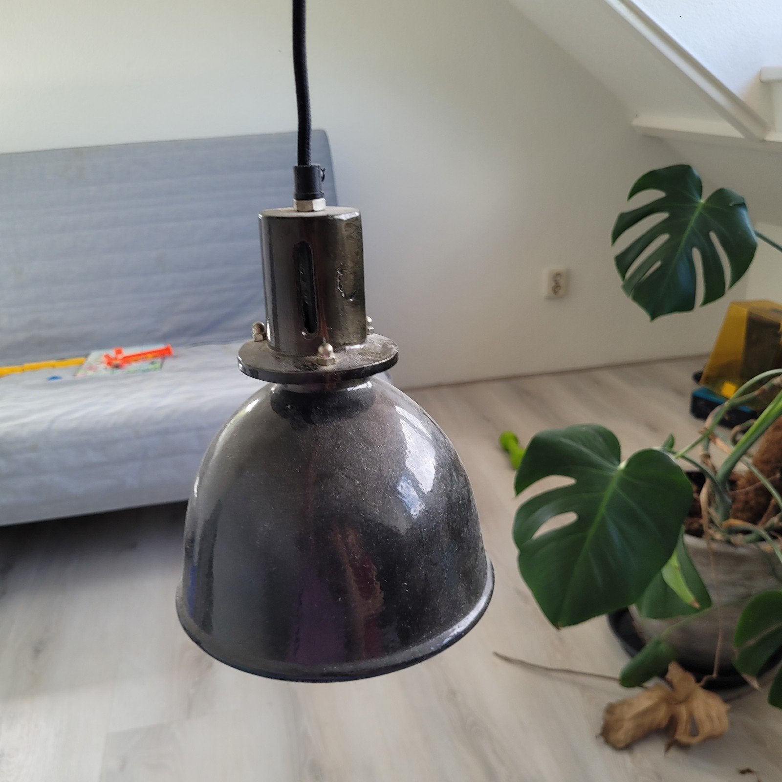 Vintage industriÃ«le hanglamp - Zwart metaal, Ophalen, Gebruikt, E27 (groot), Metaal