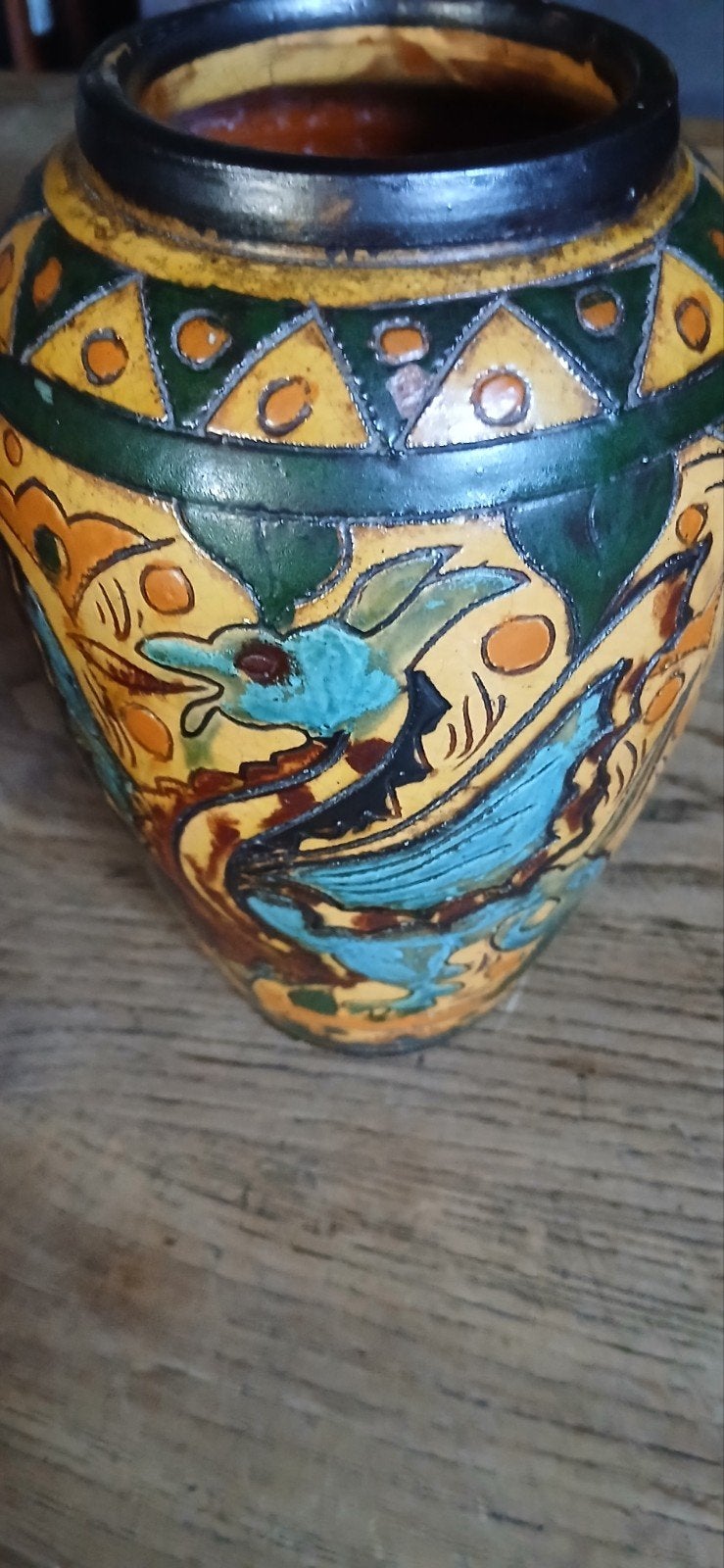 Antieke aardewerken vaas met drakenmotief, Ophalen of Verzenden