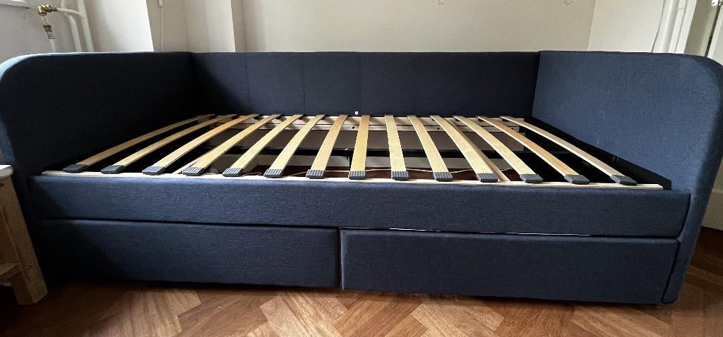 Bed - Grijs Stof - 90x200cm - 2 schuiven, Huis en Inrichting, Slaapkamer | Bedden, Ophalen, 90 cm, Eenpersoons, Zo goed als nieuw