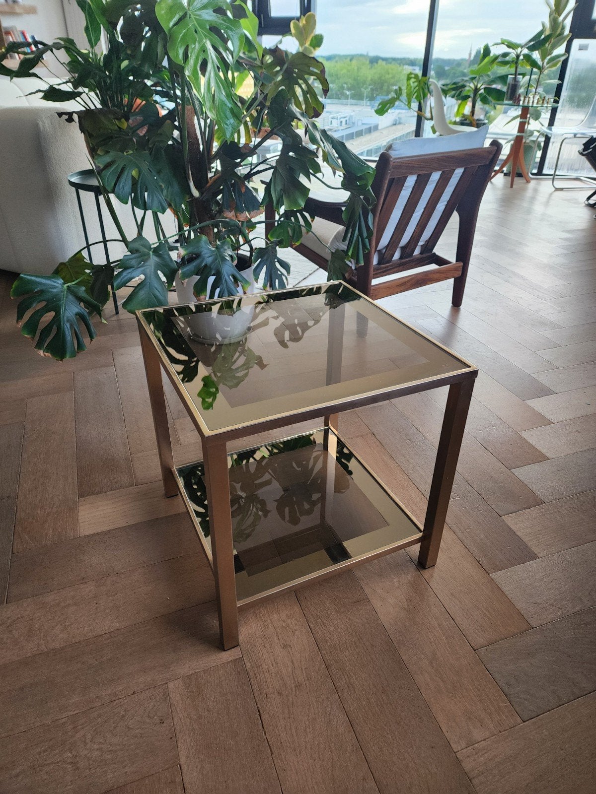 Belgo Chrom Bijzettafel Rookglas 23 Karaat Verguld Jaren 70, 45 tot 60 cm, Minder dan 55 cm, Gebruikt, Vierkant