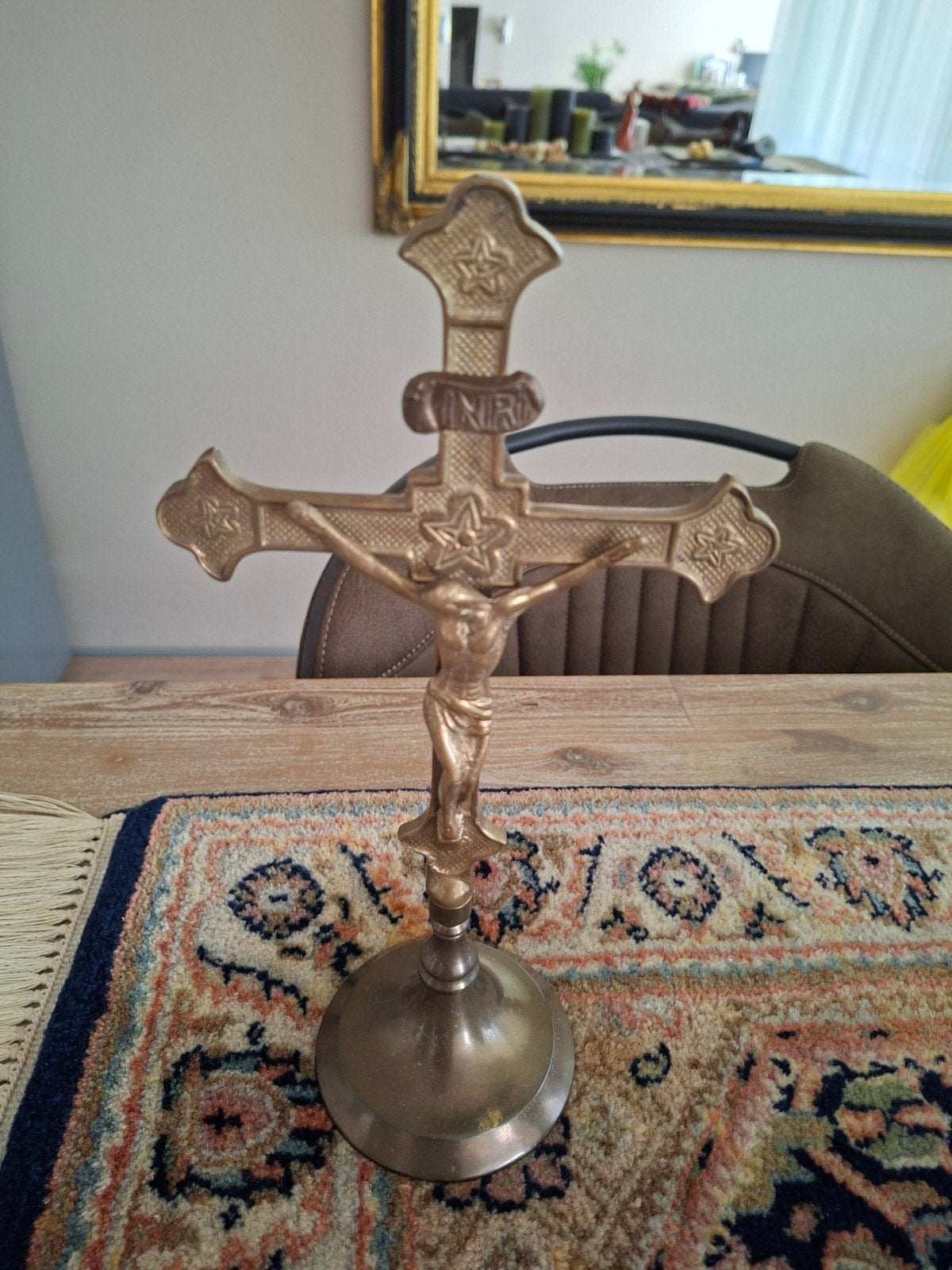 Koperen staand kruis met Jezusbeeldje - Religieuze decoratie, Ophalen