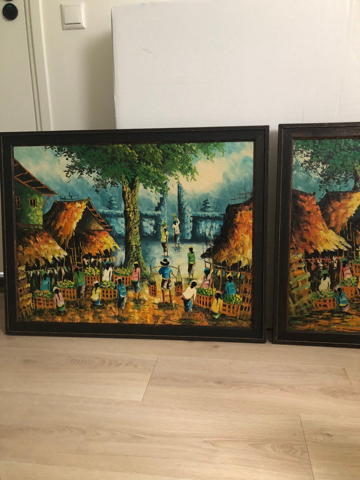 Schilderijen twee stuks uit Ubud Bali Indonesisch tafereel., Ophalen of Verzenden