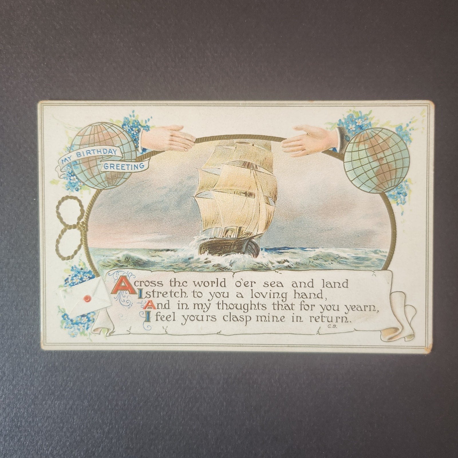 Antieke Verjaardagskaart met Zeilschip en Gedicht, Verzenden, Voor 1920, Ongelopen