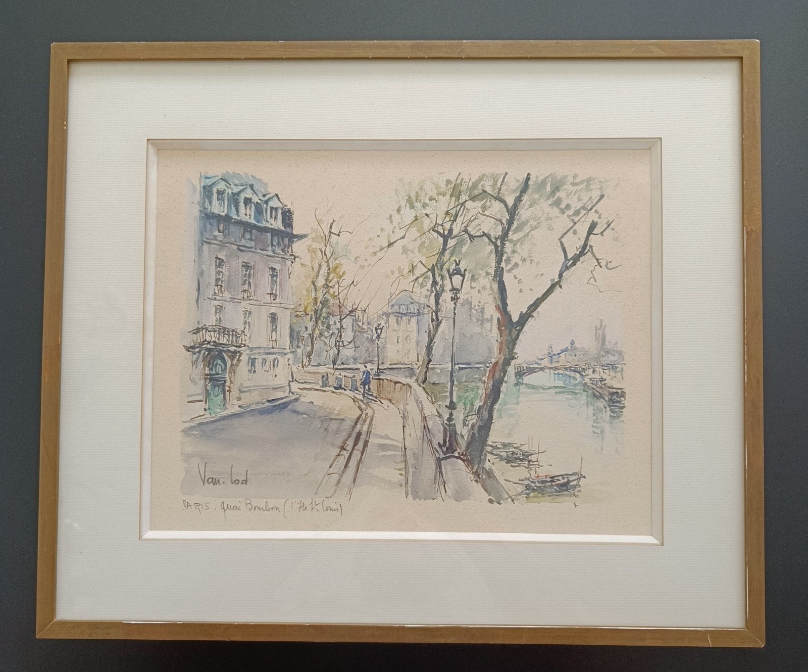 Aquarel Van Lod - Parijs, Quai Bourbon (Île St. Louis)l, Antiek en Kunst, Ophalen of Verzenden, Achter glas, Klassiek, Aquarel