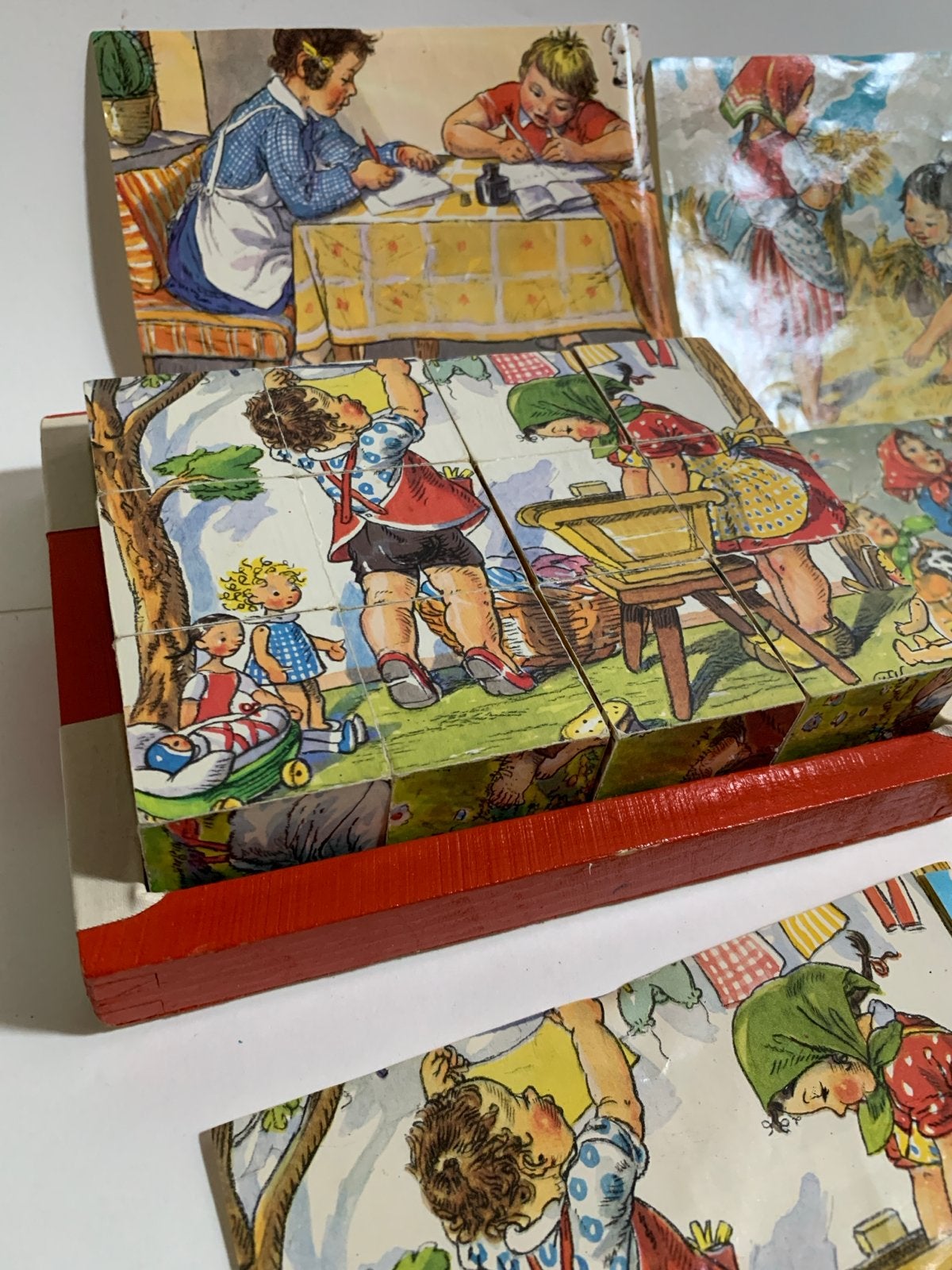 Vintage Houten Blokkenpuzzel met Boerderijtaferelen, Antiek en Kunst, Ophalen of Verzenden