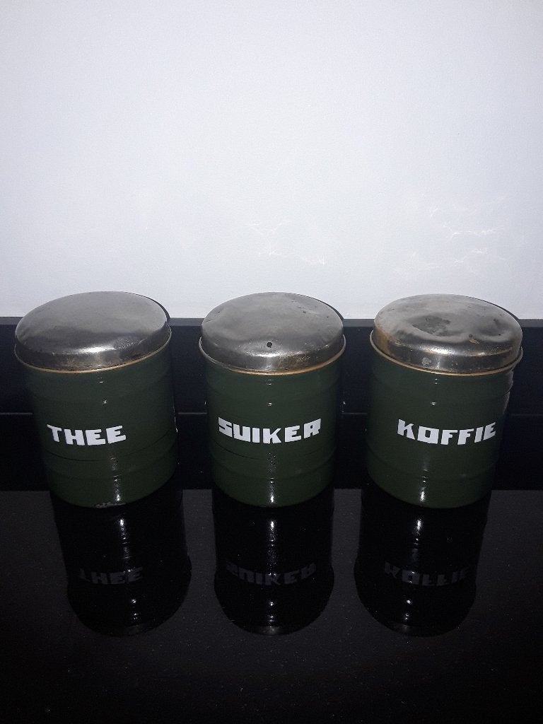 Emaille reseda groen koffie thee en suikerpotten, Verzenden