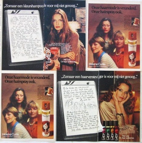 70+ vintage advertenties haarproducten 35-81 kapper haar, Ophalen of Verzenden, Gebruikt, Reclamebord