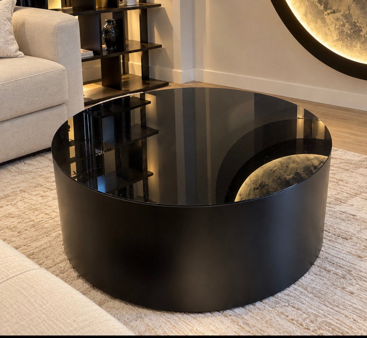 Luxe Ronde Zwarte Salontafel – Hoogglans Design, Ophalen of Verzenden, Zo goed als nieuw, Rond, 50 tot 100 cm