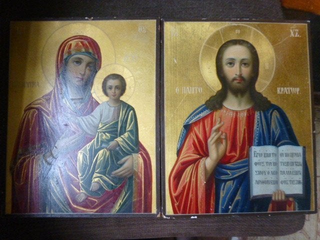2 Iconen:  Hodegitria en Christus Pantocrator, Antiek en Kunst, Ophalen of Verzenden