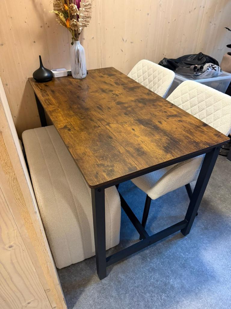 Eettafel met 2 stoelen en 1 bankje, Overige houtsoorten, Gebruikt, 100 tot 150 cm, Vier personen