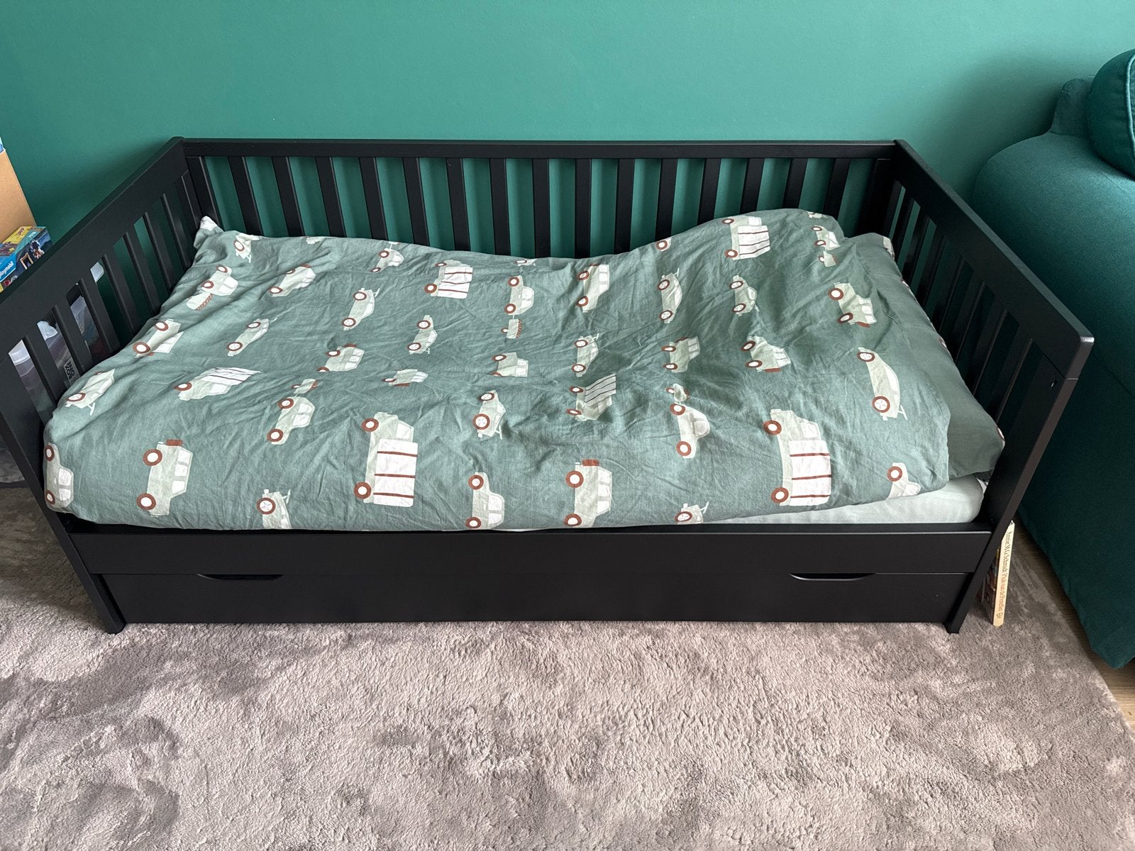 Zwart peuterbed met lade en lattenbodem (140x70), Ophalen, Gebruikt, 70 tot 85 cm, 140 tot 160 cm
