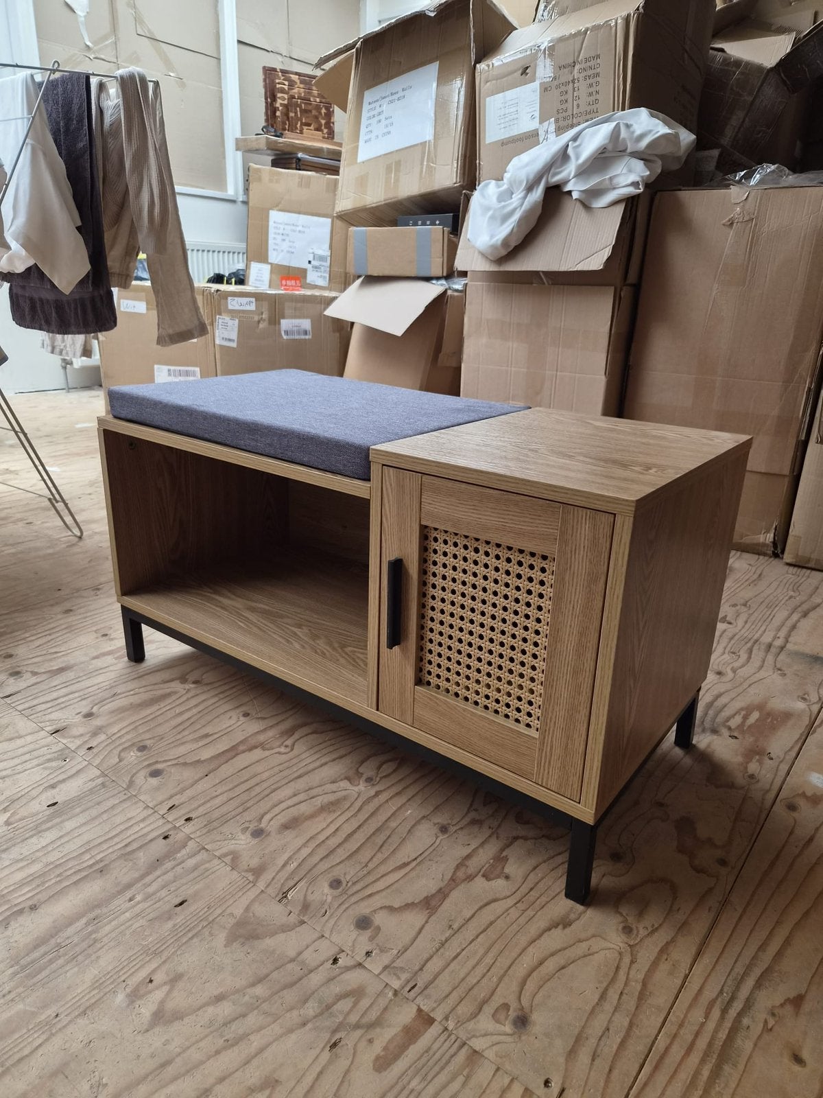Dressior / halkast met kussen - houtlook & rotan - 80cm, Ophalen, Met deur(en), Boho, 50 tot 100 cm