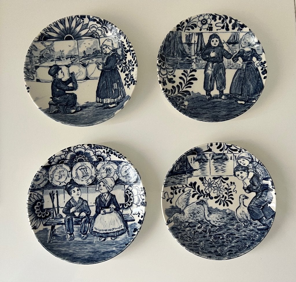 4 bordjes Boch Delfts blauw Ot en Sien tafereel jaren 50, Ophalen of Verzenden