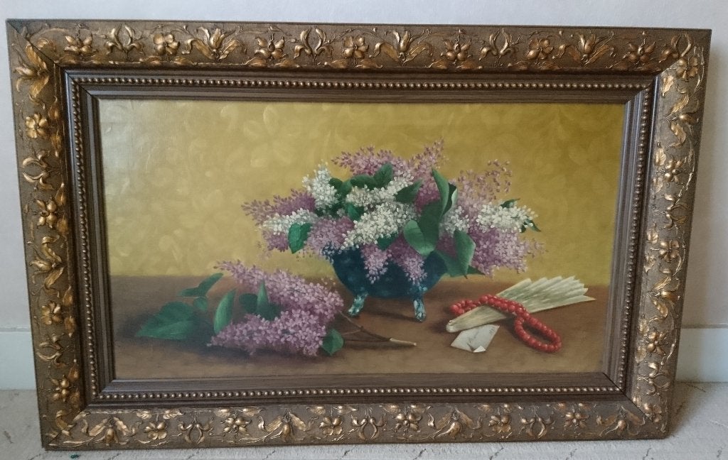 Schilderij tafel met bloemen 86 x 56 (A), Ophalen, Zo goed als nieuw, 50 tot 75 cm, Schilderij