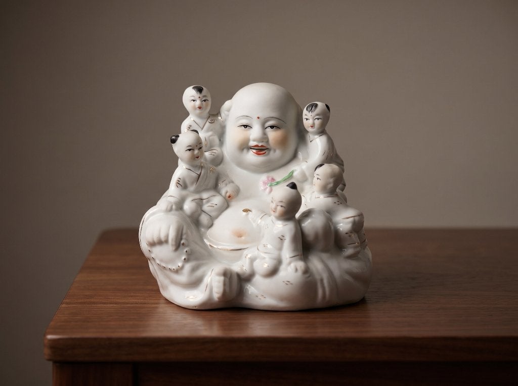 Chinees porselein beeld lachende Boeddha met 5 kinderen, Beschilderd, Ophalen of Verzenden, Beeld, Klassiek