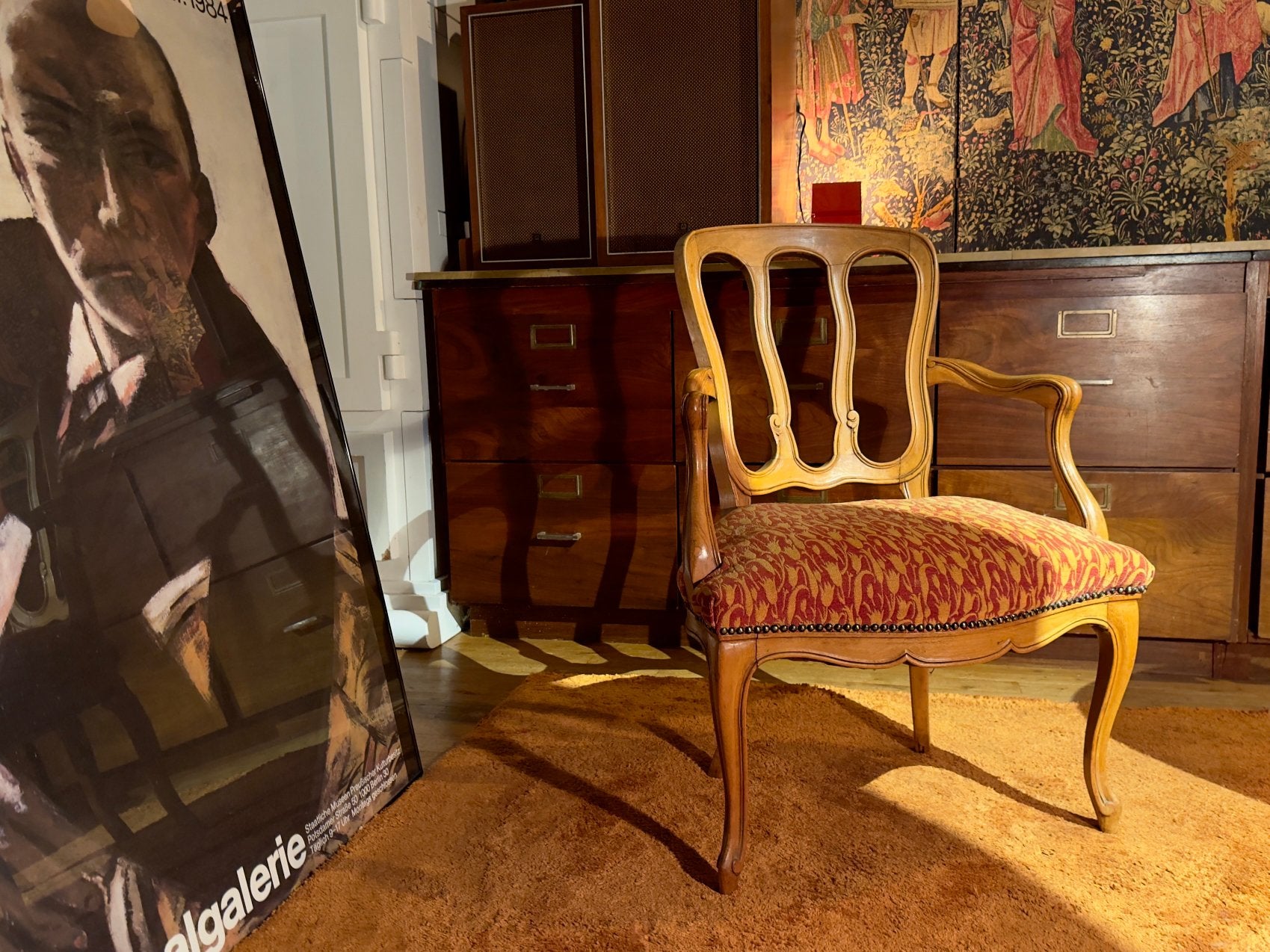 Louis XV dedign antieke salon fauteuil met jacquard stof, Gebruikt, Bruin, Ophalen of Verzenden, Nvt