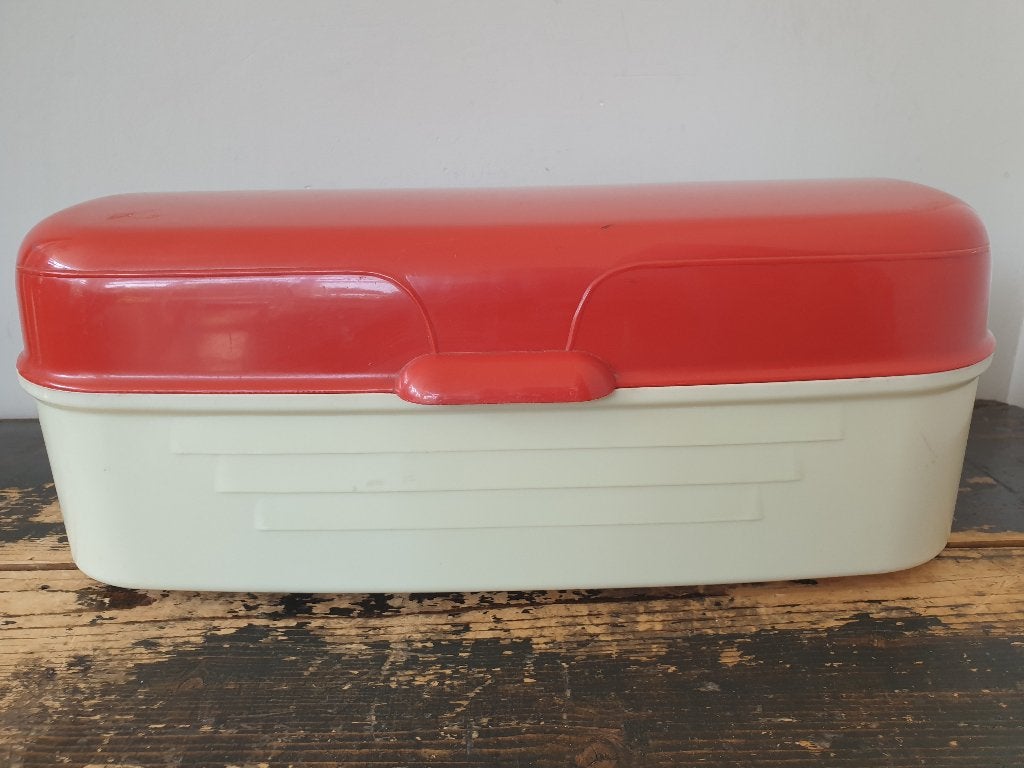 Retro kunststof rood witte broodtrommel, Ophalen of Verzenden, Zo goed als nieuw, Kunststof
