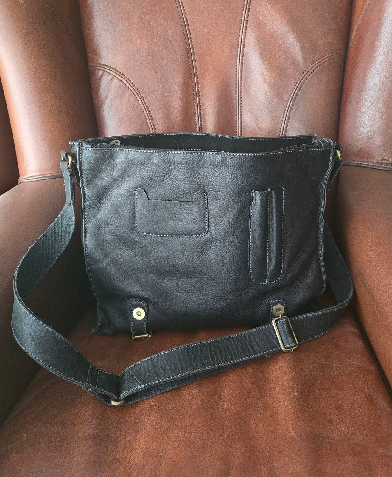 Robuuste Leren Laptoptas 14/15 inch, Overige merken, Gebruikt, Zwart, Ophalen of Verzenden