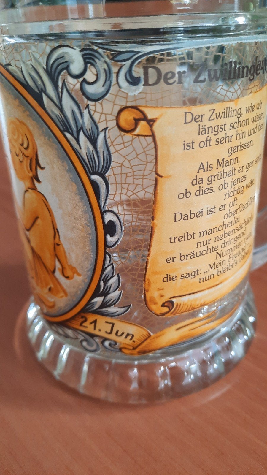 Vintage glazen bierpul met deksel - Sterrenbeeld Tweelingen, Ophalen of Verzenden