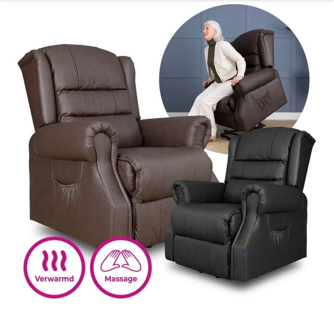 Sta-op stoel met massage- en warmtetherapie, Bruin, Modern, Comfort, Ergonomisch, Leer, Ophalen of Verzenden