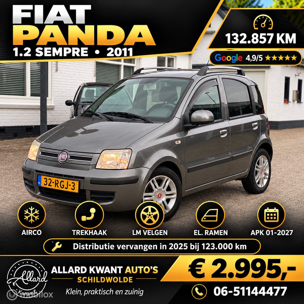 Fiat Panda 1.2 Sempre / Airco / Trekhaak / 132.dkm, Auto's, Euro 5, Gebruikt, 1242 cc, Origineel Nederlands