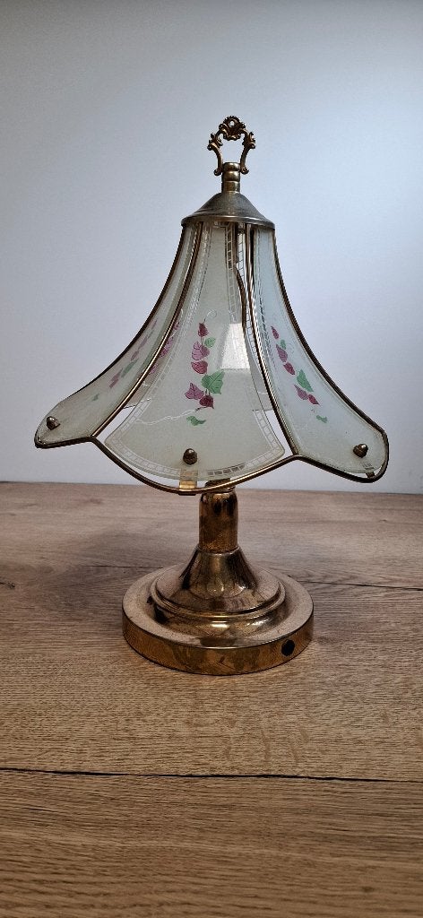 Vintage Tafellamp Messing & Melkglas Bloemen 40 cm, Ophalen, Vintage, Onbekend, Onbekend