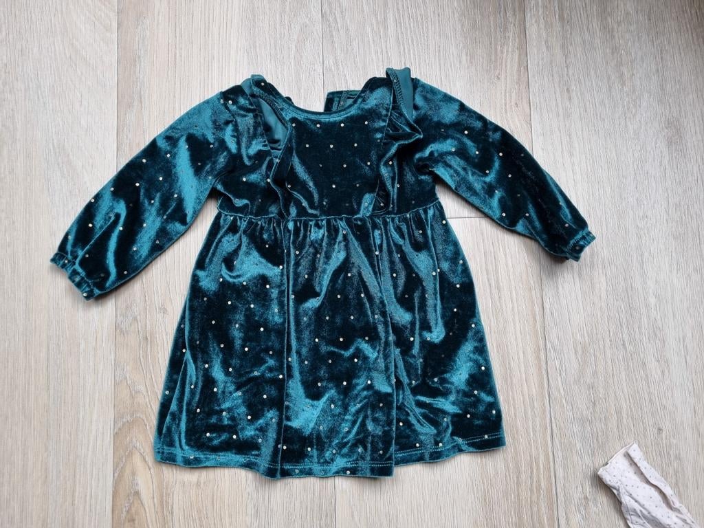 H&M Kerstjurk Meisjes Baby Maat 74 Groen Fluweel, Meisje, Jurkje of Rokje, H&M, Ophalen of Verzenden