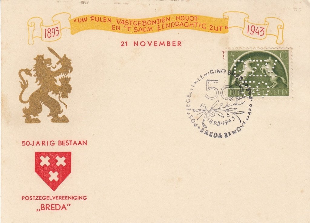 Kaart- Nederland- 3.27.9- 1943 - Schimmels- Perfin- NVPH-411, Verzenden, Na 1940, Gestempeld
