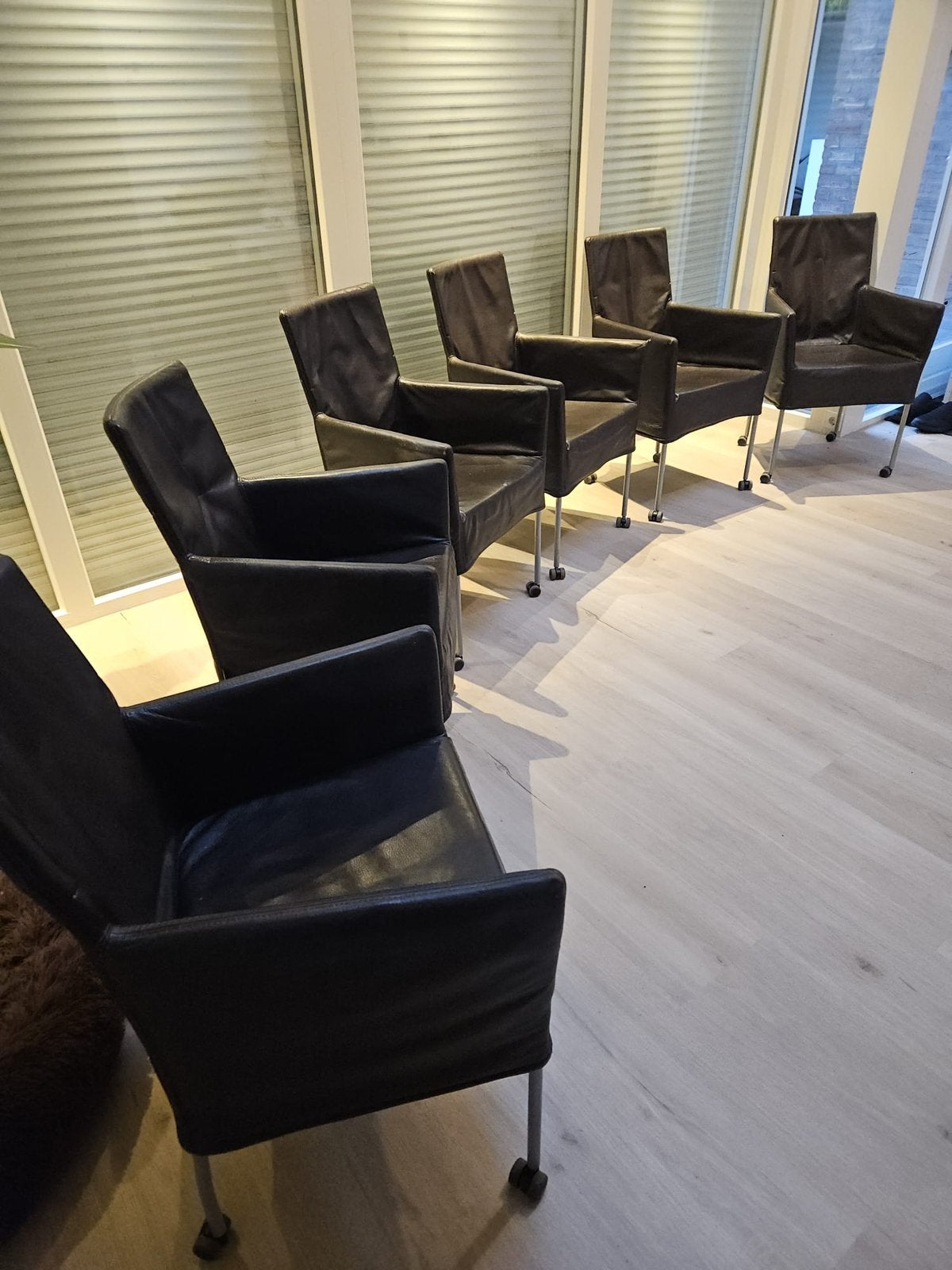 6 leren eetkamerstoelen, Ophalen, Gebruikt, Bruin, Leer