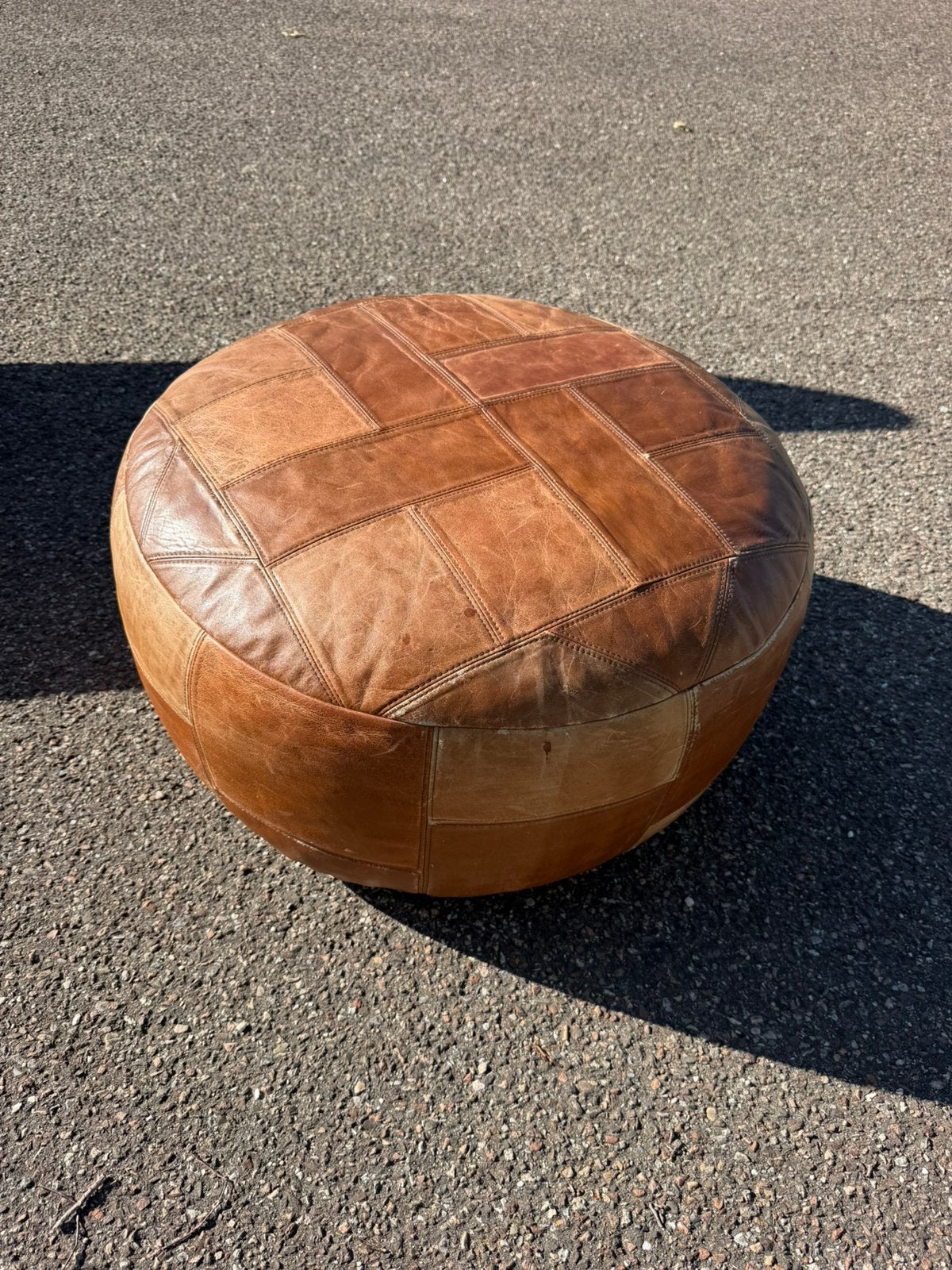 Vintage patchwork poef bruin/ beige, Ophalen, Minder dan 50 cm, Gebruikt, Leer