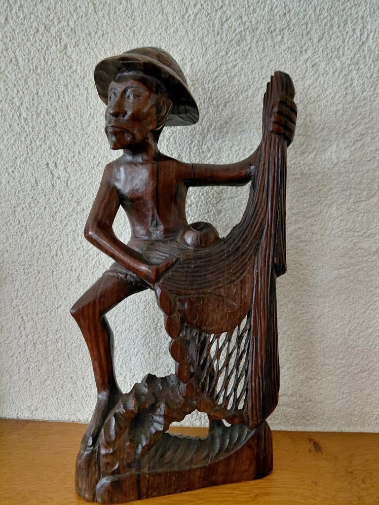 Houten beeldje visser met net, Ophalen of Verzenden